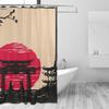 Japanese Shower Curtain, Watercolor Style Red Sun Silhouette Ninja In Moonlight Medieval Theme National Folk Asian Print