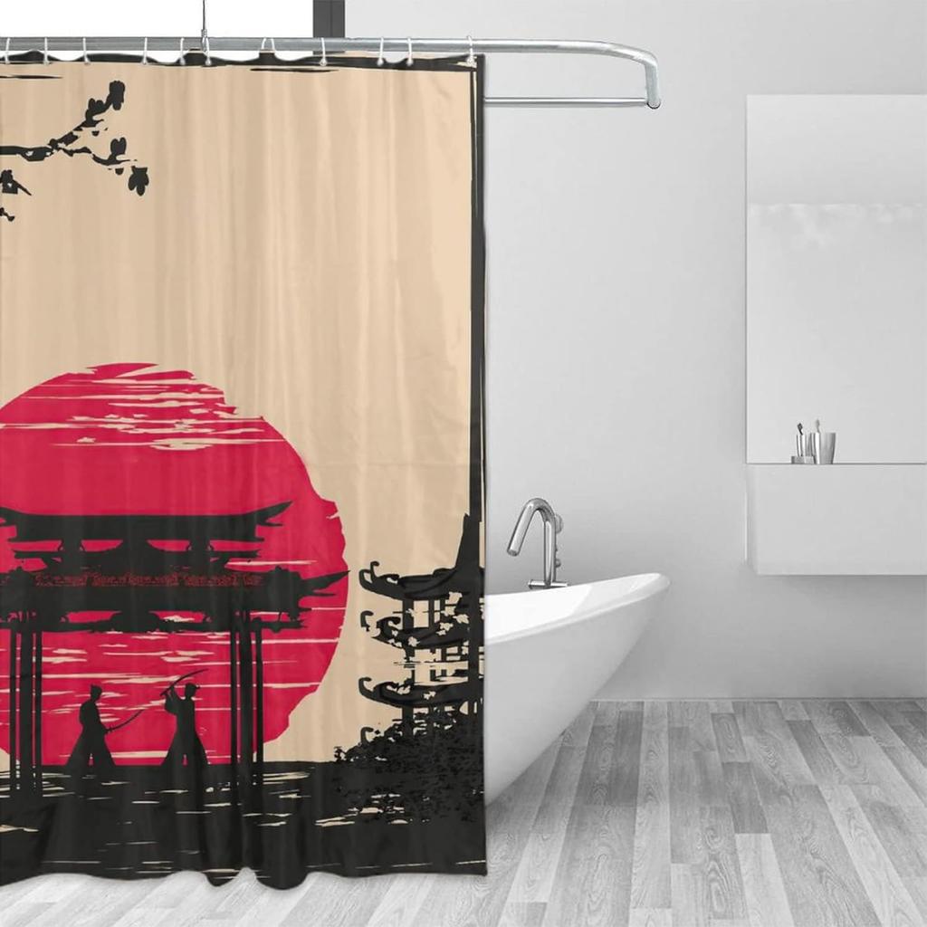 Japanese Shower Curtain, Watercolor Style Red Sun Silhouette Ninja In Moonlight Medieval Theme National Folk Asian Print