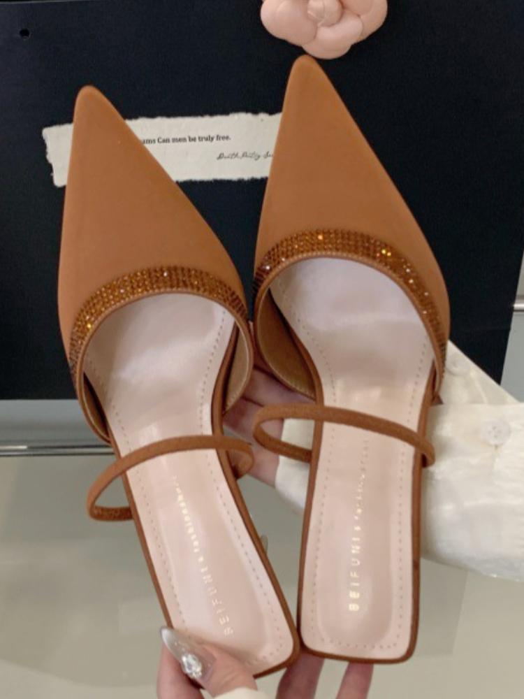 Elegant Pointed Toe Slippers for Women Summer Sexy Backless Slide Sandals Fashion Party Rhinestone Design Thin Heel Pumps Female