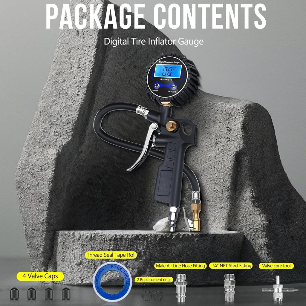Digital Tire Pressure Gauge With Inflator, 3-250 PSI Air Compressor Accessories With Air Chuck Quick Connect Coupler, Car Attachments With Rubber