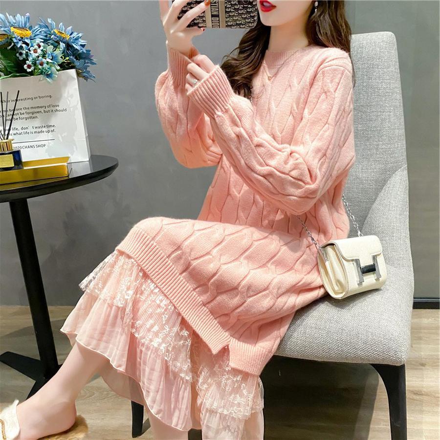 Langärmeliges Strickkleid mit Spitzenbesatz für Damen Herbst Koreanischer Stil Einfarbig Floraler Cardigan-Pullover