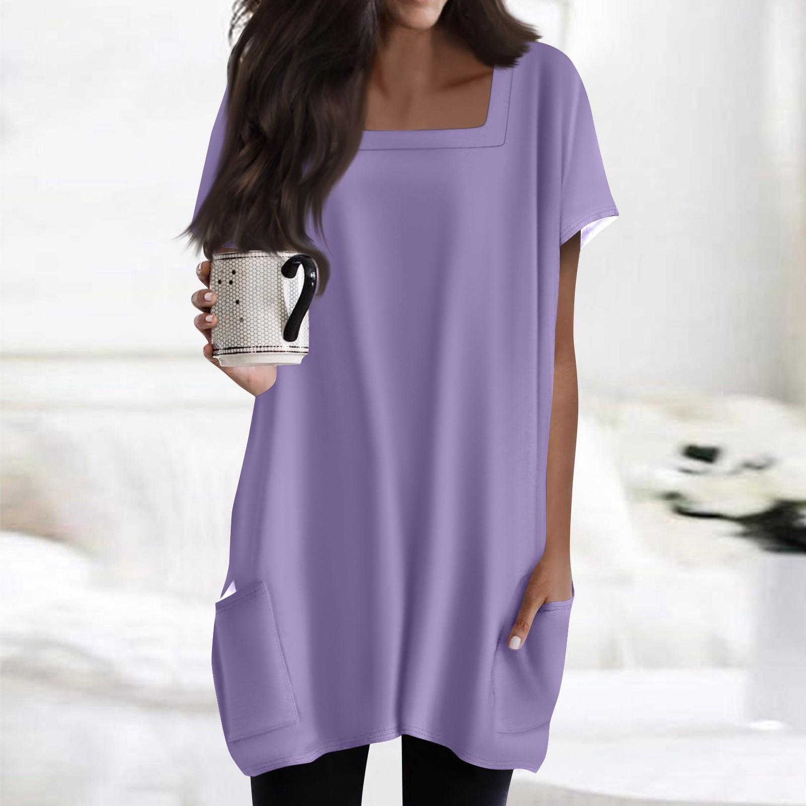 

Женские топы с квадратным воротником, короткие рукава, блузки, повседневные рубашки средней длины, модные туники с принтом и карманами M фиолетовый