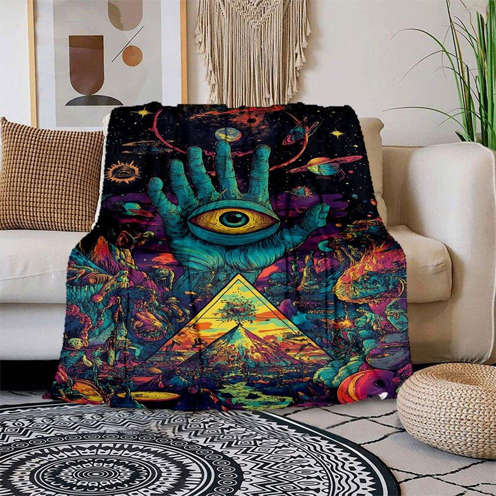 Space Odyssey: Cosmic Hand with Eye Pyramid Art Print Blanket Flannel Throw Blanket for Sofa, Bed, Travel, Camping, Office, Couch, Chair, A 150x180cm