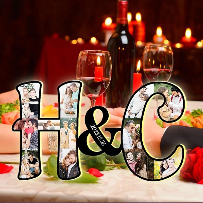 Personalized Alphabet Heart Photo Lights, Letter Collage Heart Night Lamp Bedside Table Lamp, Photo Frame Collage for Family Pictures Gift for Mom