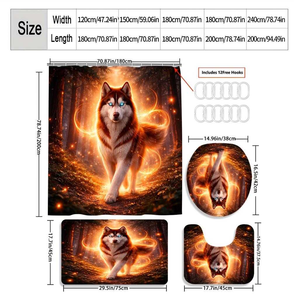 4Pcs Majestic Husky Shower Curtain Set with Non-Slip Bath Mat, Toilet Lid Cover, Contour Rug & 12 Hooks, Bathroom Decor