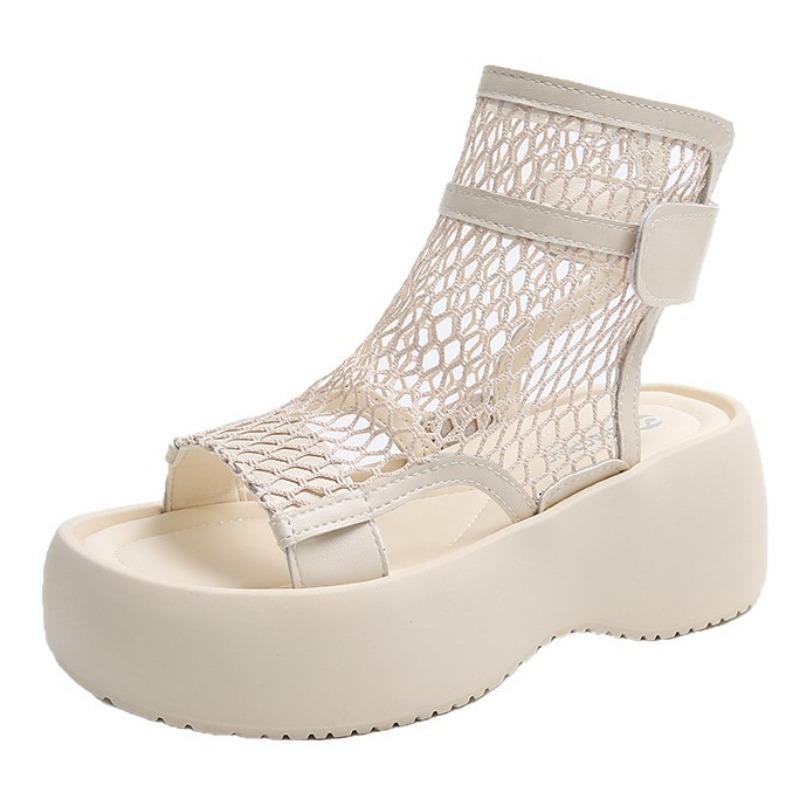 Niche Woven Hollow Fishing Mesh Shoes Thick-soled Muffin High-top Sandals Small Cold Boots Women's Shoes
