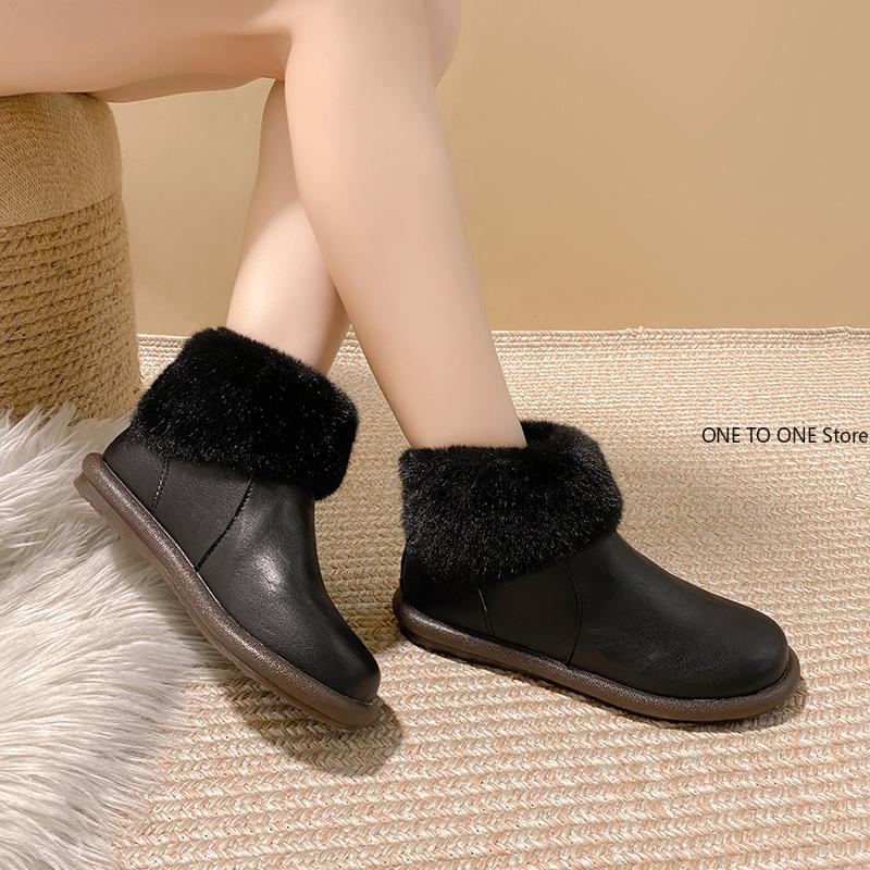 Ankle boots for women Women Boots Leather Real Fox Fur Brand Winter Shoes Warm Black Round Toe Casual Female Snow Boots