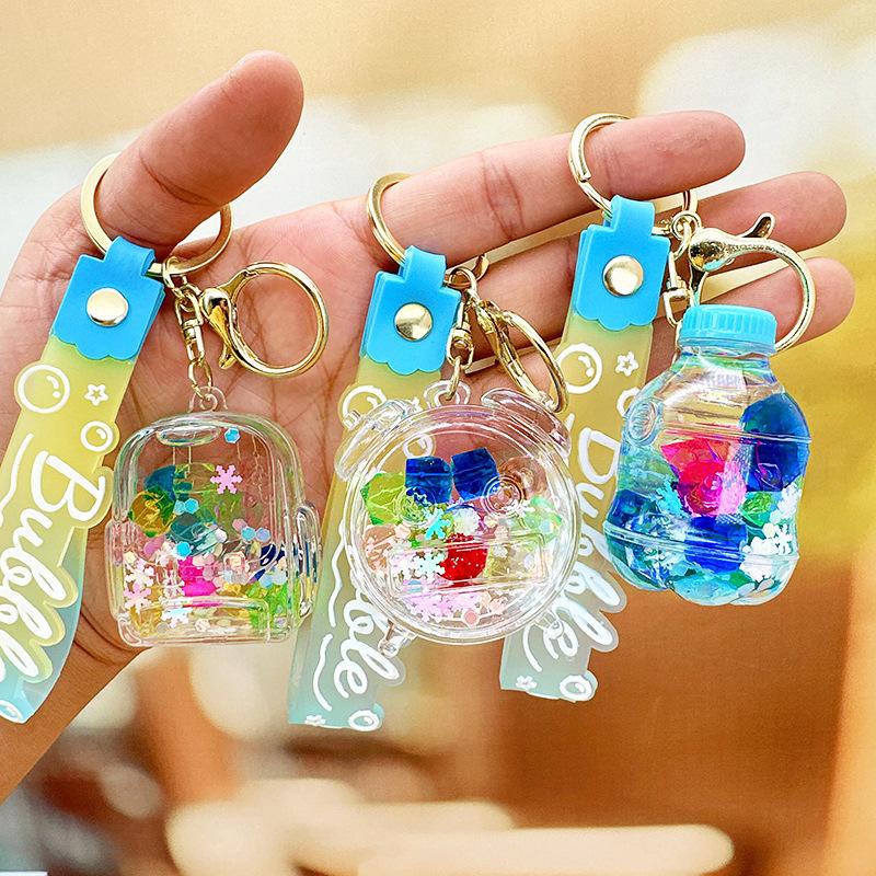Cartoon Colorful Quicksand Bottle Keychain Student Backpack Keychain Oil Liquid Acrylic Floating Doll Pendant
