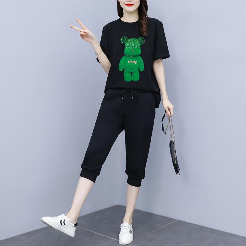 Running Casual Plus-size Sports Set, Women's Five-point Pants, Short-sleeve Summer Korean Style Loose Plus-size Printed Fashion