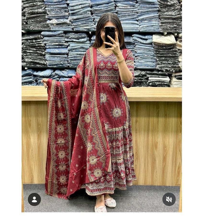 Women Bollywood Printed Cotton Anarkali Kurta Pant Dupatta Set Indian Designer Top Tunic Salwar Suit M