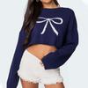 Autumn 2025 Women's Cropped Bow Knit Sweater with Long Sleeves