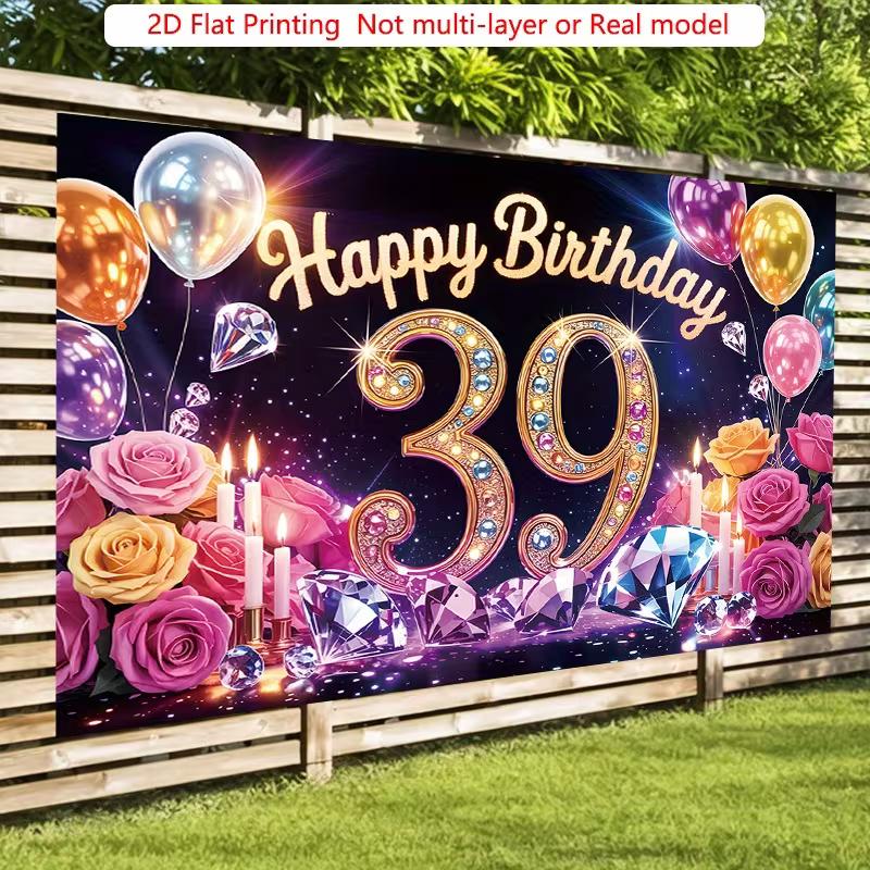 Luxurious 39th Birthday Backdrop, Sparkling Black and Gold Design with Diamonds, Roses and Balloons, Festive Milestone Party Wall Decor