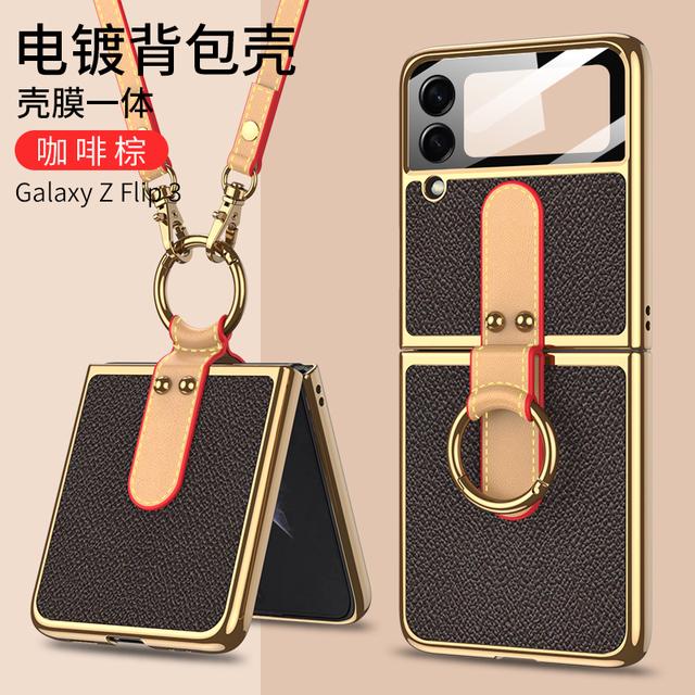 Phone Case For Samsung Galaxy Z Flip3 /4 5gcase Ring Holder Stand Crossbody Shoulder Strap Silicone Anti -Scratch Shookproof Cover