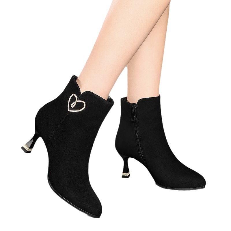 Women's Boots Fashion Pointed High-heeled Short Boots Women Suede Casual Ankle Boot Plush Warm Winter Boots Botas Invierno Mujer