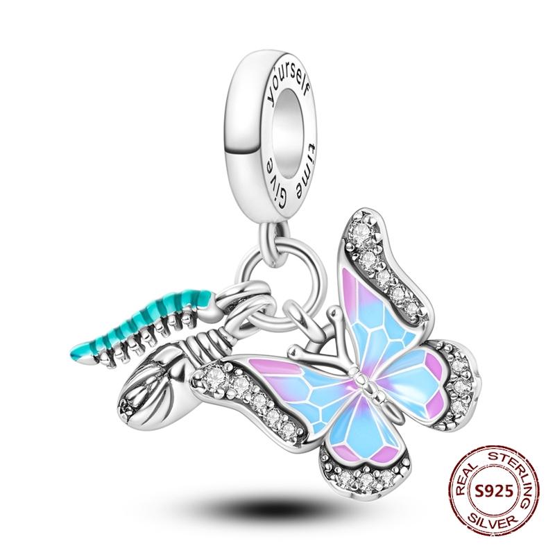 Butterfly Charm copper Authentic Pink Blue Zircon Fly Butterflies Safety Chain Clip Charm Bead Charms Compatible With Bracelets Do It Yourself Jewelle