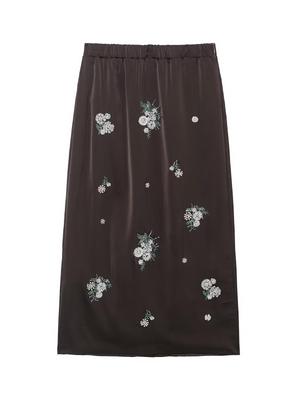 European Women's Beaded Sequin Embroidered Silk Satin Lace Trim Midi Skirt