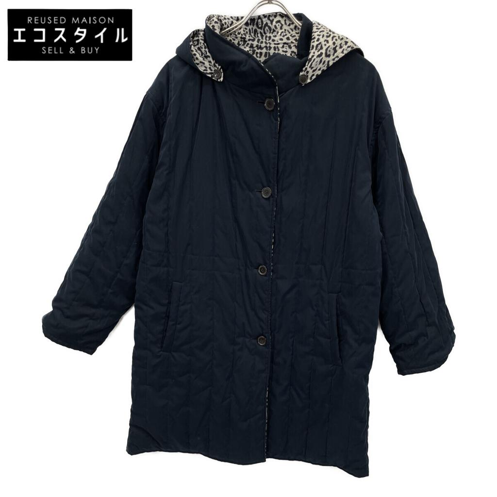 Herno 233113 Navy X White Leopard Print Hoodie, Reversible with Padded Lining Coat 42 Navy X off-whiteUsed