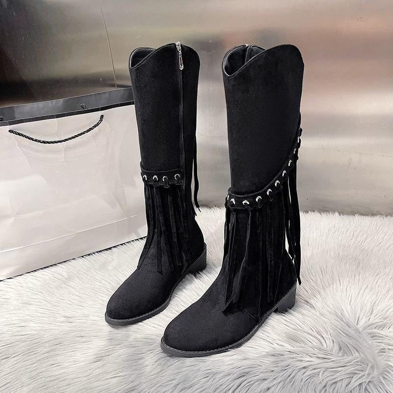 Elegant With Low Heels Pointed Toe Tassel Half High Boots For Women Spring Autumn Mid Calf Shoes Woman Large Size Chic Boot