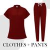 Women's Quick Drying Fabric Solid Color V-neck Pocket Short Sleeved Pants Set Workwear