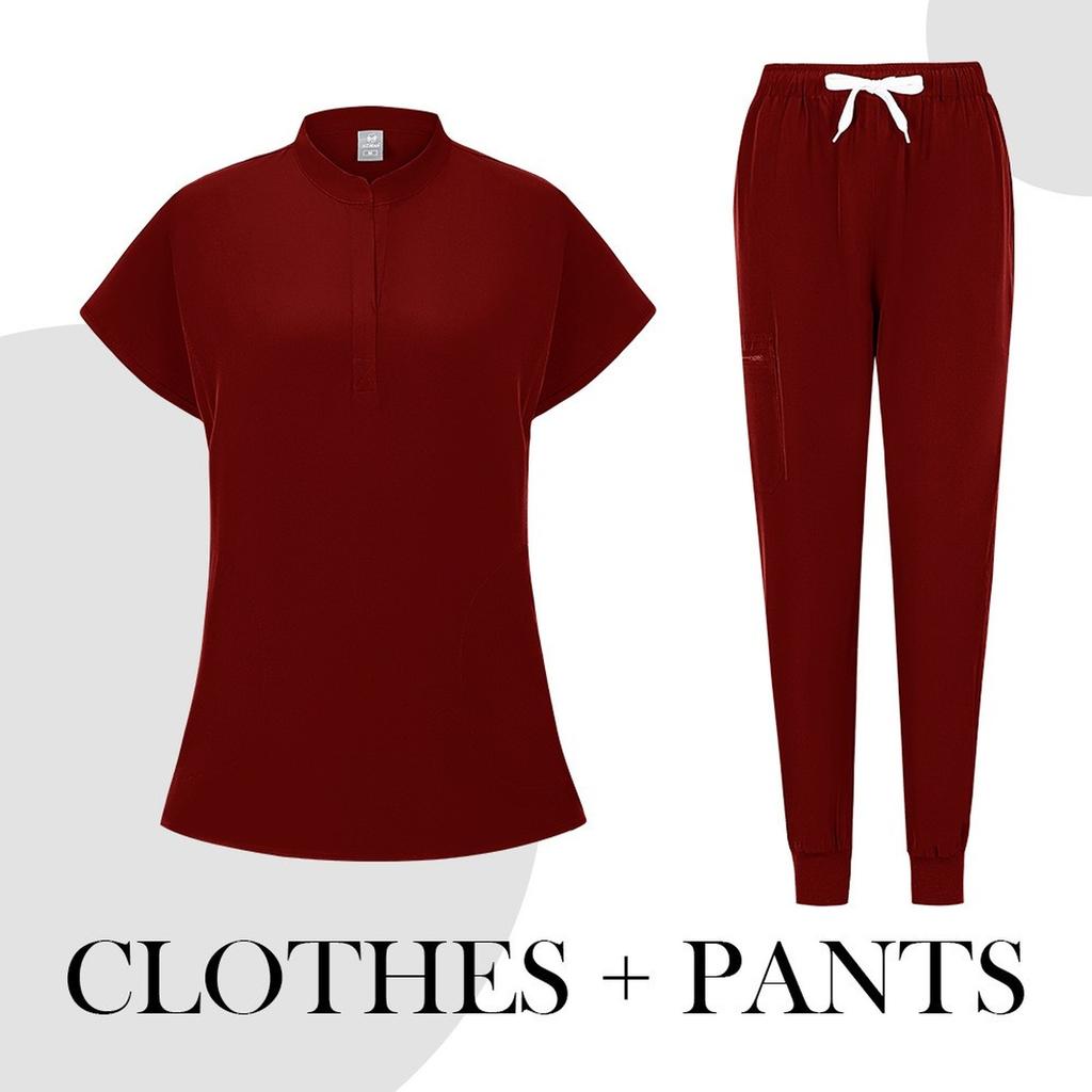 Women's Quick Drying Fabric Solid Color V-neck Pocket Short Sleeved Pants Set Workwear