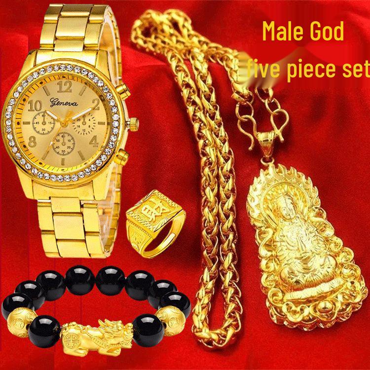 Unique Vietnam-Inspired Gold Necklace & Non-Fading Gold Watch Set for Men