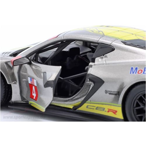 Bburago 1/24 scale diecast model of the 2020 Le Mans race car, Chevrolet Corvette C8R #4, gray. This 1:24 scale diecast model is a finished product of