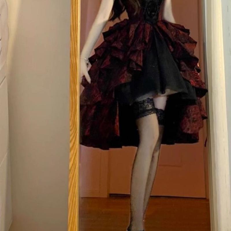 Gothic Lolita Black Red Wave Dress Spring Summer Cosplay Princess Dress