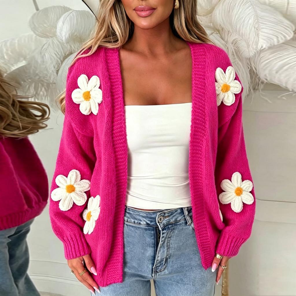 Damen Strickjacke Lockerer Schnitt Farbe mit Großem Blumendruck für Lässige Alltagsmode