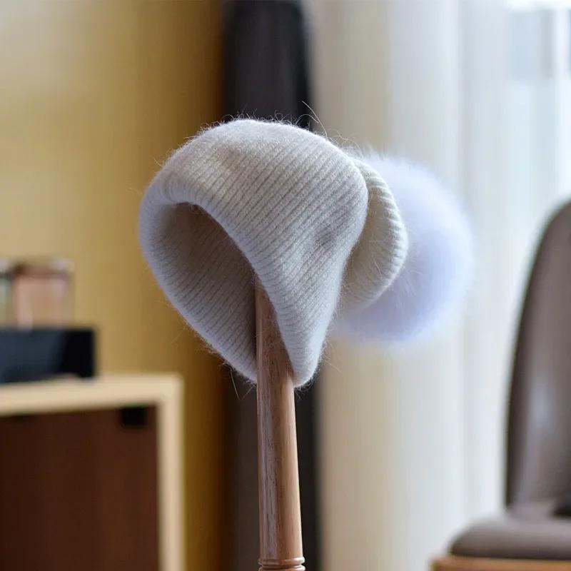 New Rabbit Fur Knitted Hats For Women Real Fox Fur Pom Poms Hat Large Pompom Outdoor Warm Skullies Beanie Winter Hat Christmas