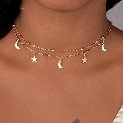 1Pcs Simple Double Layer Moon Star Pendants Necklace Bead Clavicle Chain Women Jewelry