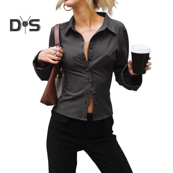 Damen-Hemd mit Revers, langen Ärmeln, gestreiftem Print, Knopfleiste, schmale Passform, vielseitige Oberteile für den Alltag