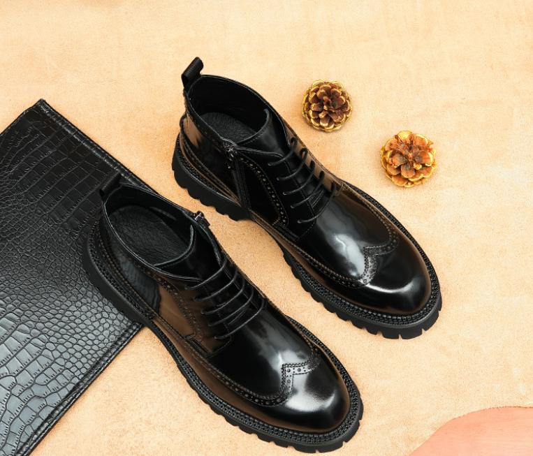 Genuine Leather Thick Soles High-Top Brogue Oxford Dress Shoes For Men Ankle Business Chelsea Boots