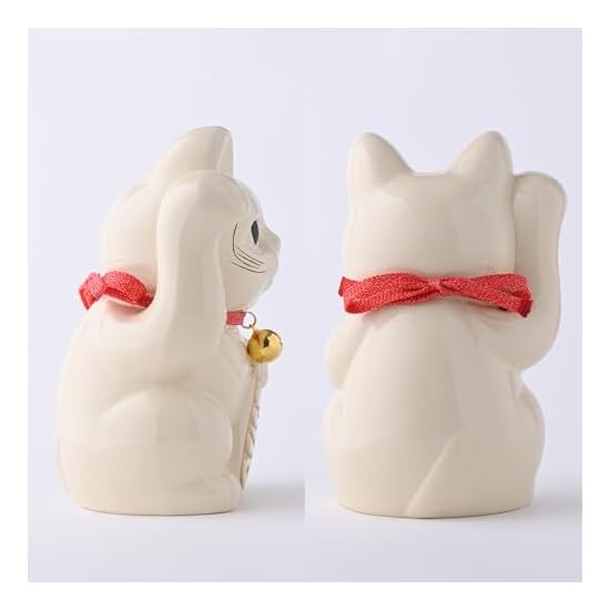 Gingado Maneki Neko (Large Size - 16cm) White Lacquer Finish_Right Hand Raised/Metal_Lucky Cat Manek