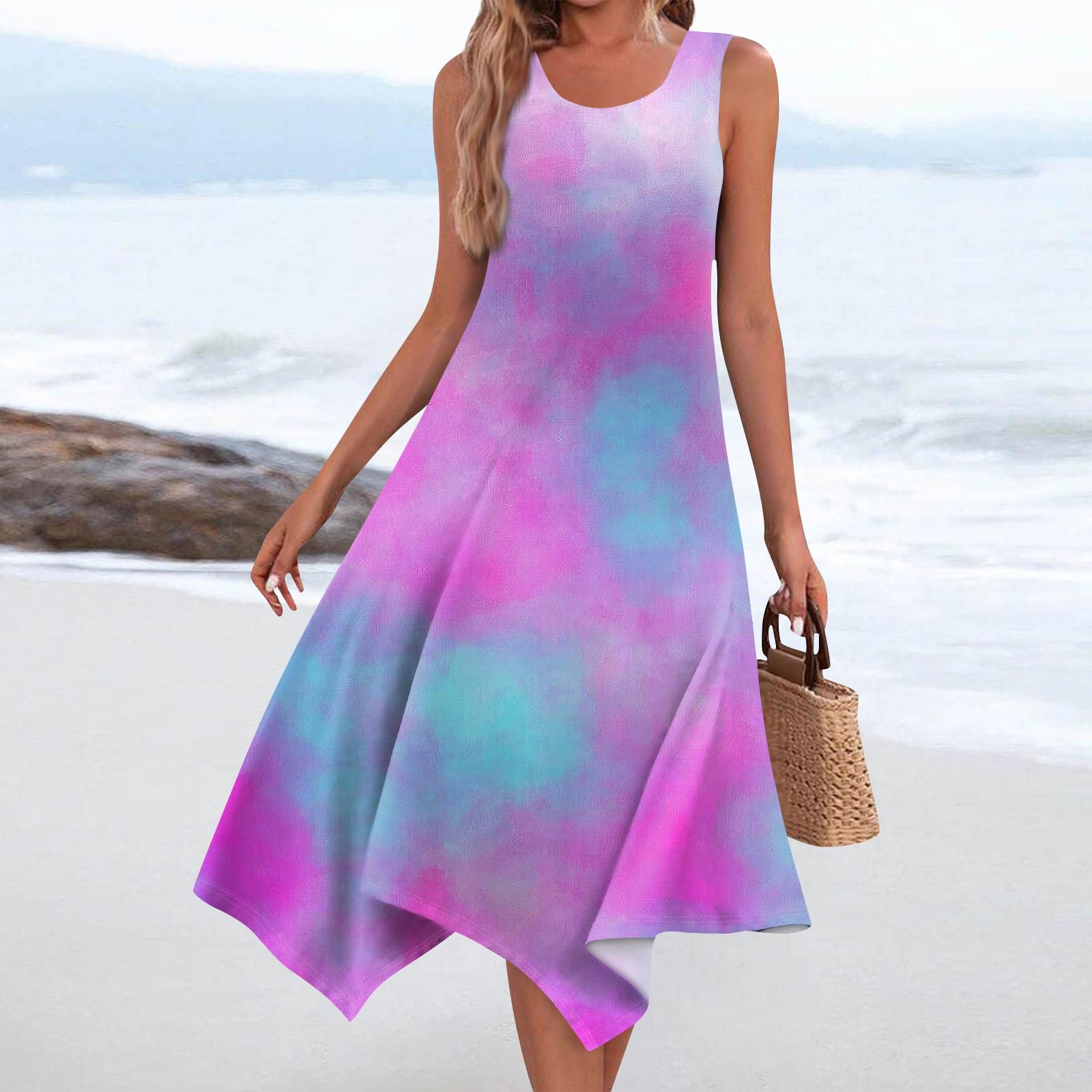 

Женское повседневное модное платье миди без рукавов с круглым вырезом и цветочным принтом, нерегулярный подол XXL фиолетовый