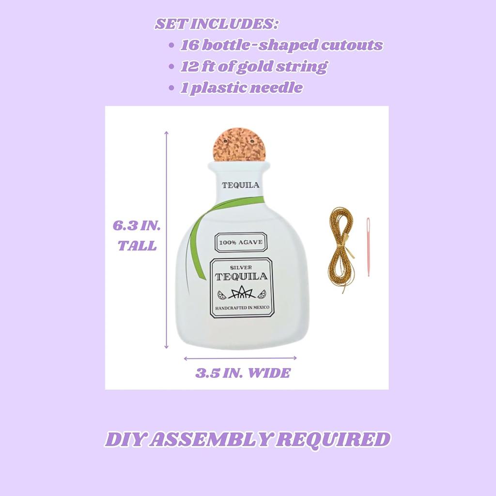 Tequila Bottle Banner (16pc, 12ft Gold String) 21st Birthday Decorations, Moo Moos and Margaritas Margs and Matrimony Garland Bachelorette Party