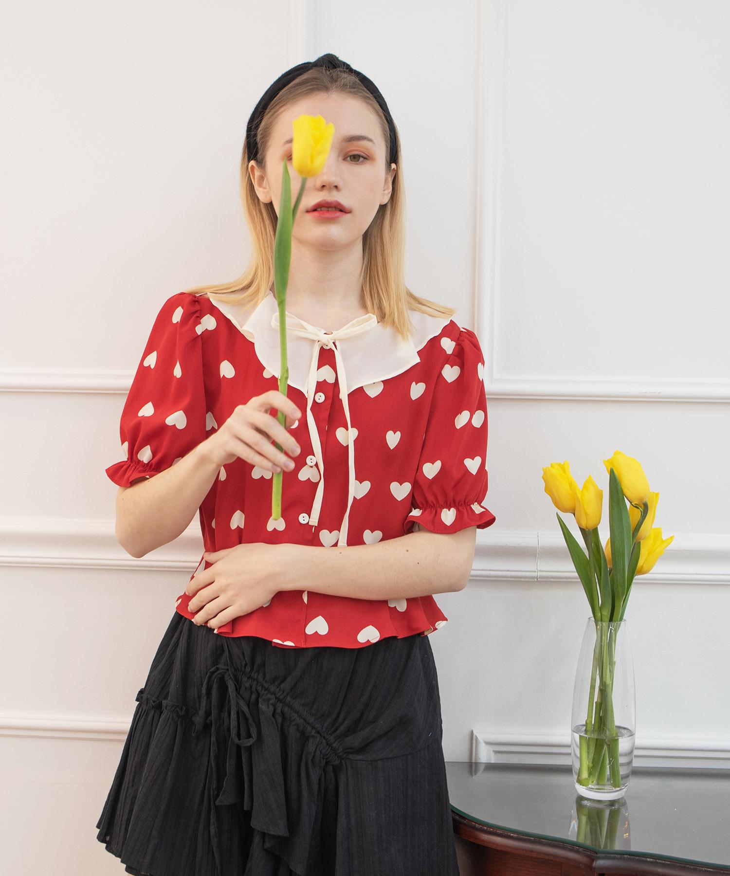 Kathrin Heart Shirring Blouse Red