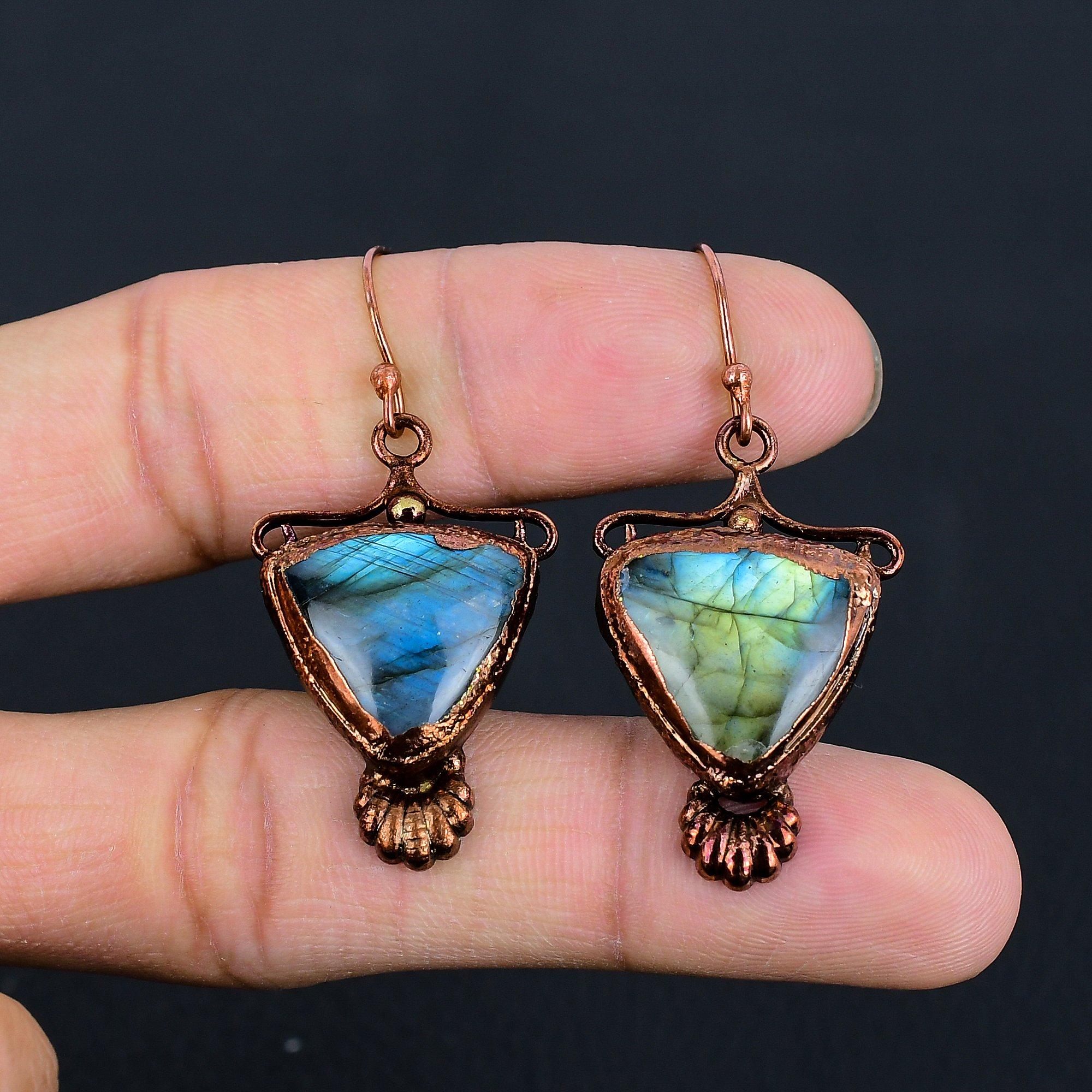 

Labradorite Copper Electroformed Earrings, Handmade Gemstone Earrings Jewelry, Gifts For Wife Brand New Earrings 2.55 Inches