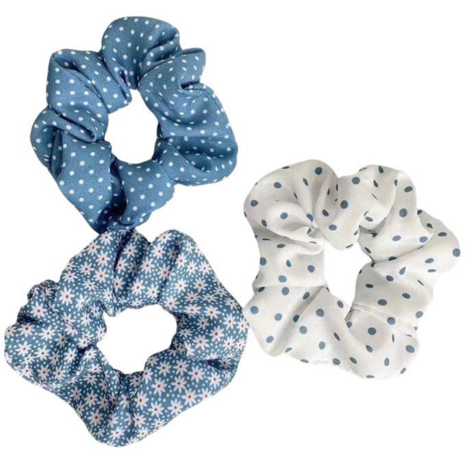 Blue Polka Dot & Floral Sea Salt Scrunchie Hair Tie