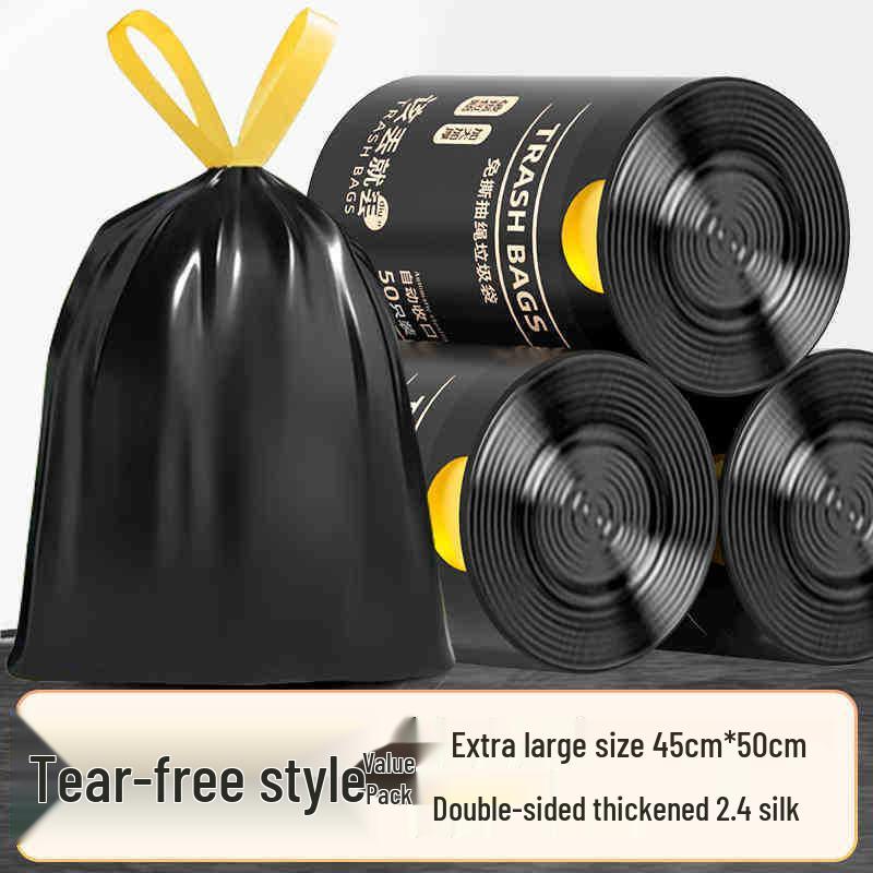 Tear-Free Extra Thick Black Garbage Bags - Large, Portable, Automatic Drawstring