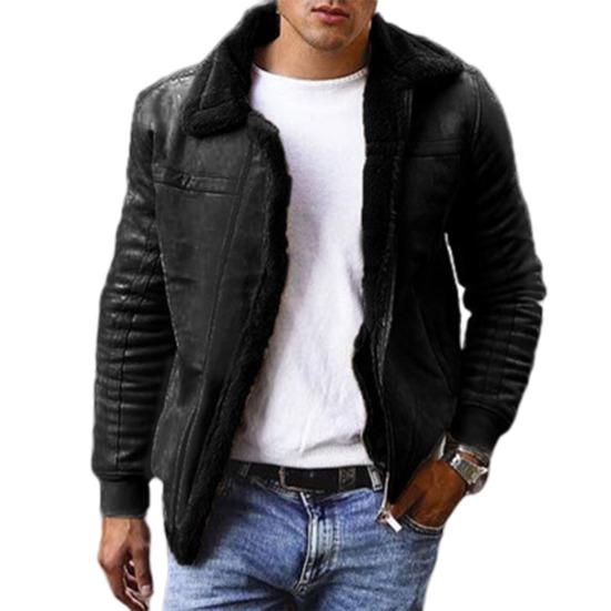 Men Winter Coat Zipper Fleece Solid Color Thick Turn-down Collar Keep Warm Casual Plus Size Long Sleeves Retro Outdoor Coat for Motocycling