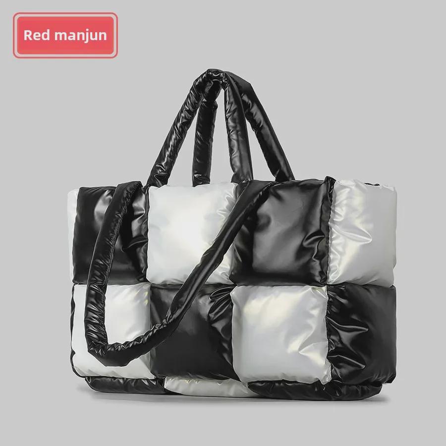 Women's Lightweight Black and White Checkered Tote – Soft, Down-Filled Shoulder Bag