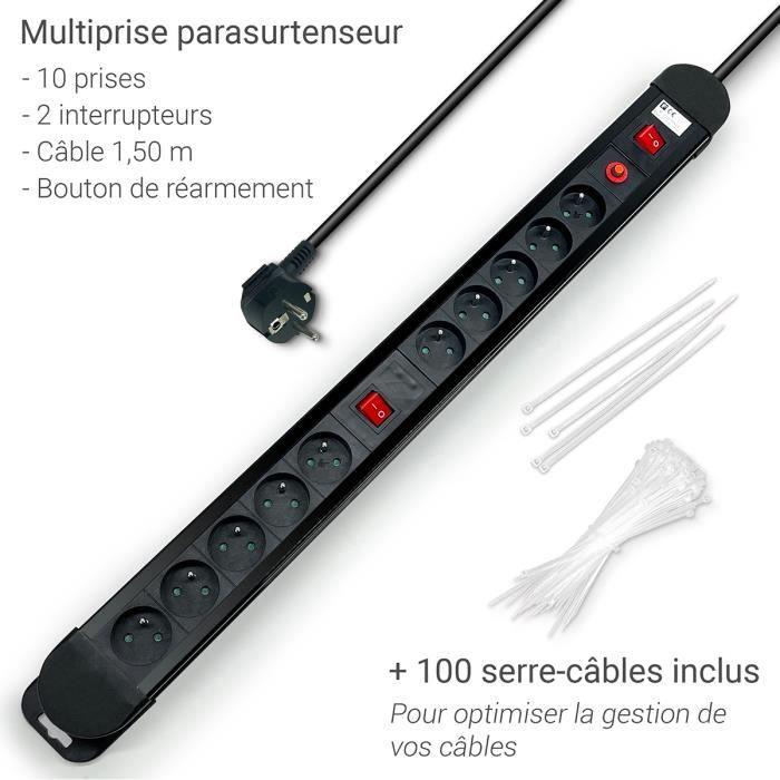 Multiprise avec parasurtenseur - waytex - 10 prises - câble 1,50m - 2 interrupteurs - 100 colliers inclus