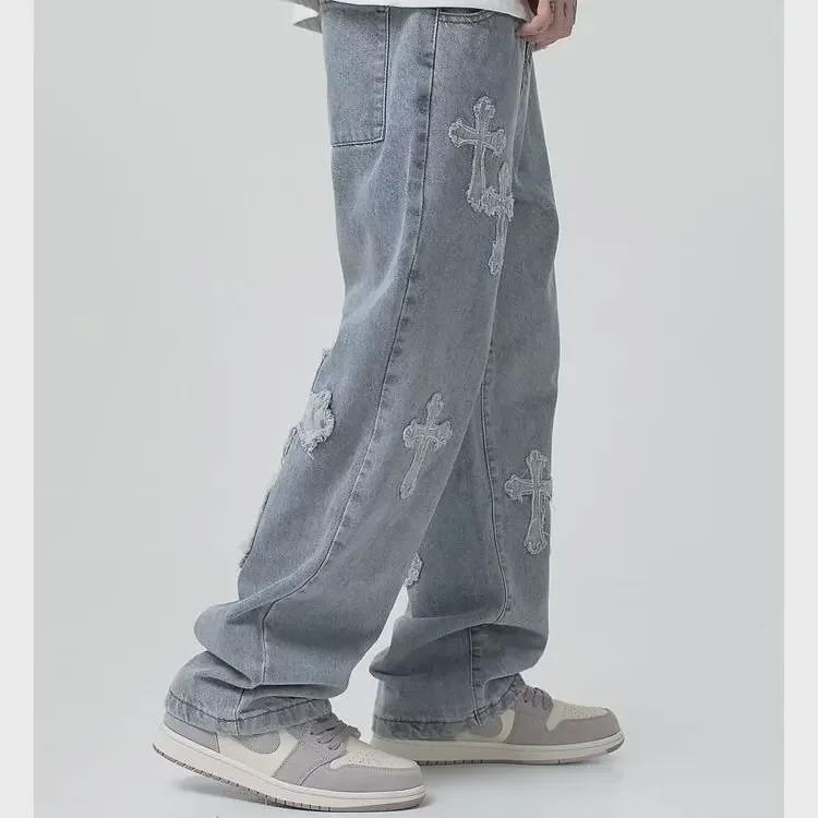 Herren Retro Straight Jeans mit Kreuzstickerei - Hip Hop Stil