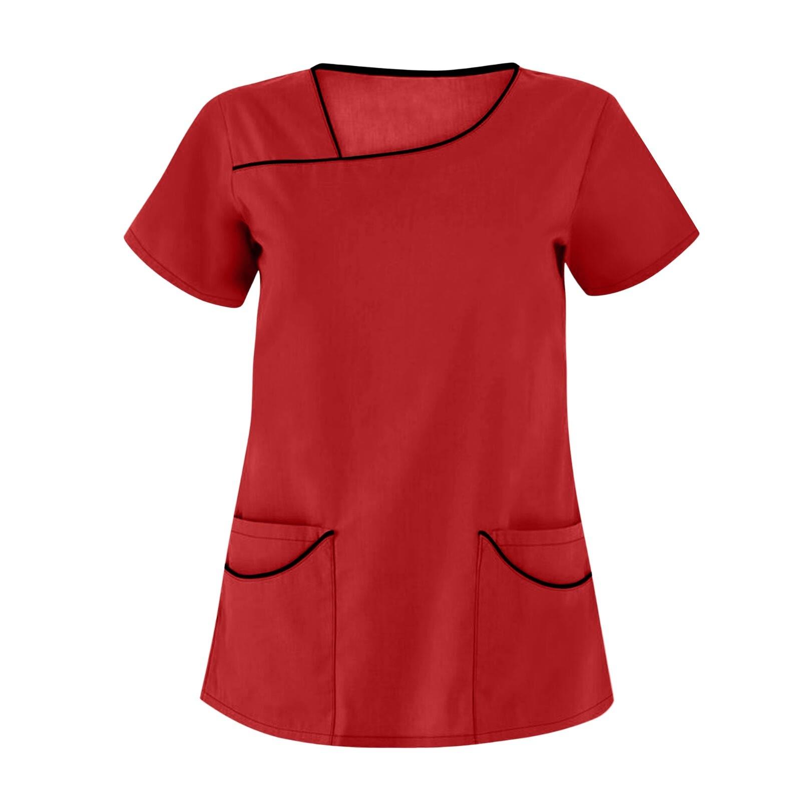 

Women s Fashion Solid Short Sleeve Pattern Tops Pocket Working T-shirts S червоний