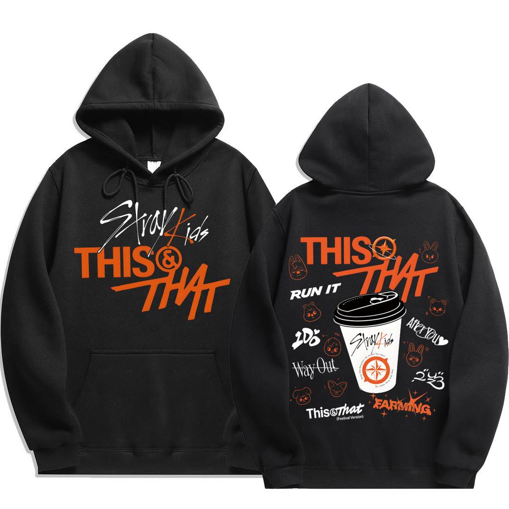 Stray Kids This & That Double‑Sided Print Hoodie, Coffee Cup SKZOO Song List Graphic Kpop Fan Pullover Sweatshirt