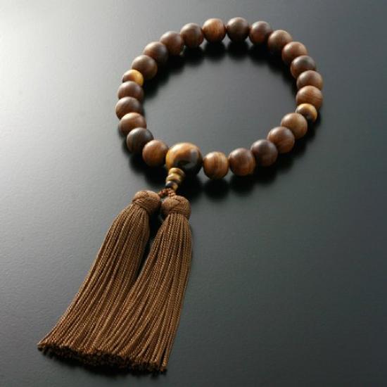 Men's Buddhist Prayer Beads by Kyoto Butsudan Hayashi, Pure Silk with Miyako Tassel, Sandalwood (Unpolished) and Tiger Eye Finish (Men's) [Tiger Eye]