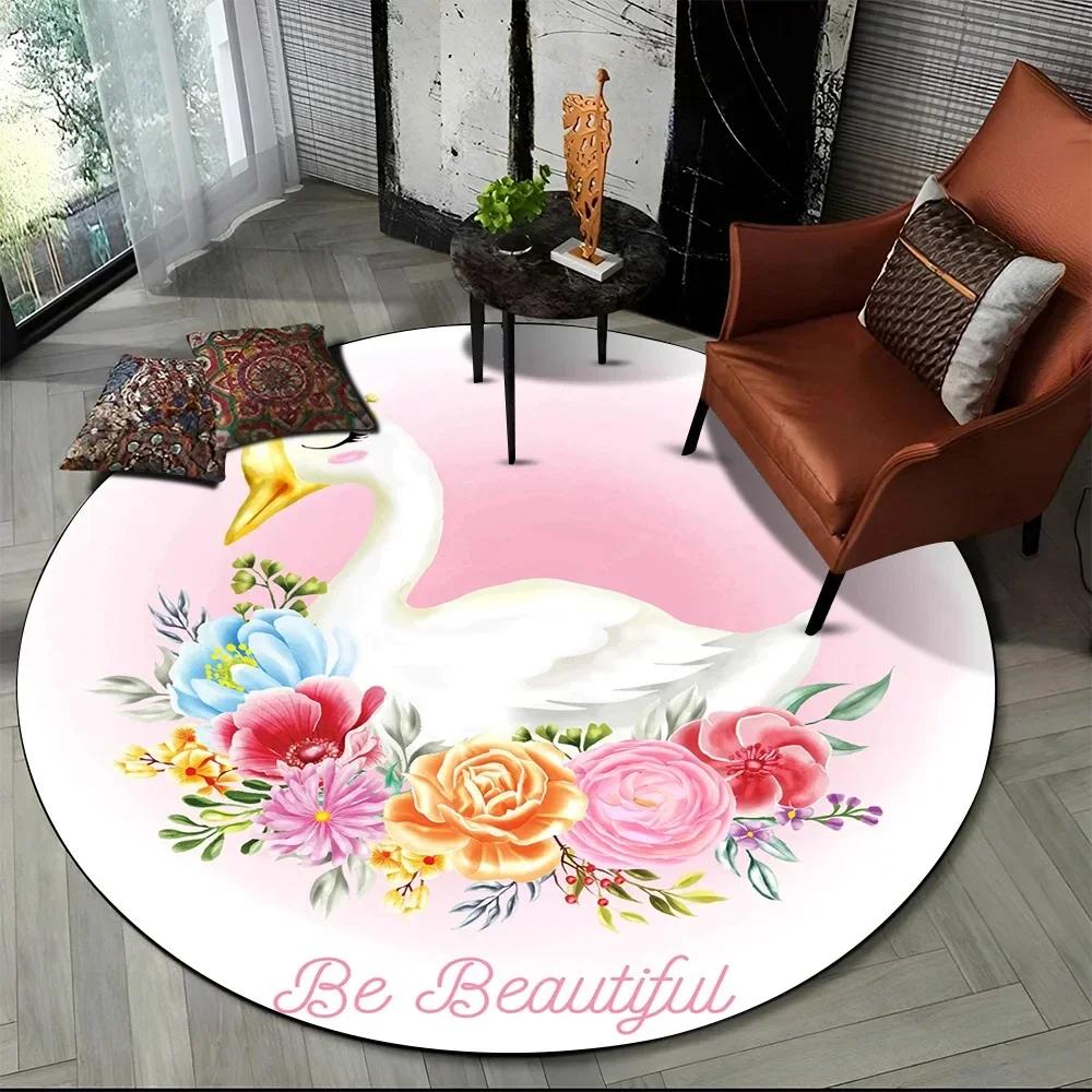 3D Cute Cartoon Swan Round Carpet Non-slip Area Rug for Living Room Sofa Bedroom Decor Circle Entrance Doormat Comfort Yoga Mat