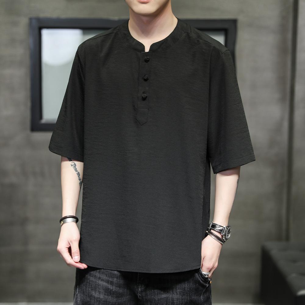 

Летняя мужская однотонная футболка из ледяного шелка, грязная повседневная мужская футболка Hanfu в китайском стиле, большой размер, мужская футболка с пряжкой S чёрный