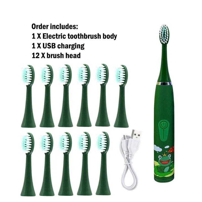 Children's Electric Toothbrush Colorful Cartoon With Replacement Heads Ultrasonic Rechargeable Soft Hair Cleaning Brush For Kids