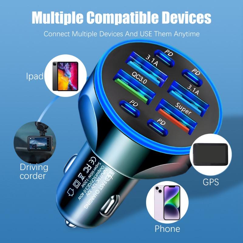 8 in 1 Digital Display Car Charger 4USB+4PD Support Super Fast Charging DC12-24V Multi Port Digital Display Mobile Phone Charger
